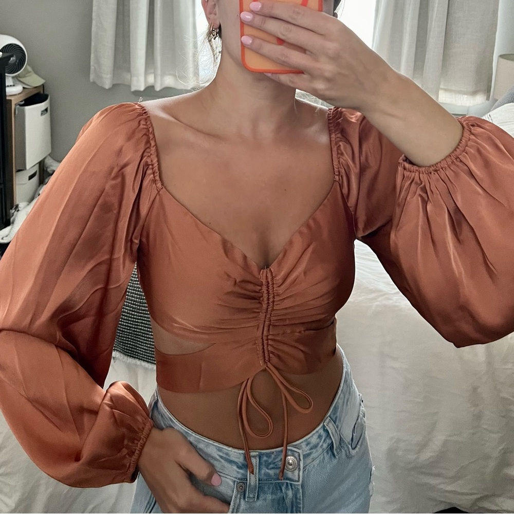 Hello Molly Long Sleeve Crop Blouse in Bronze/Rust